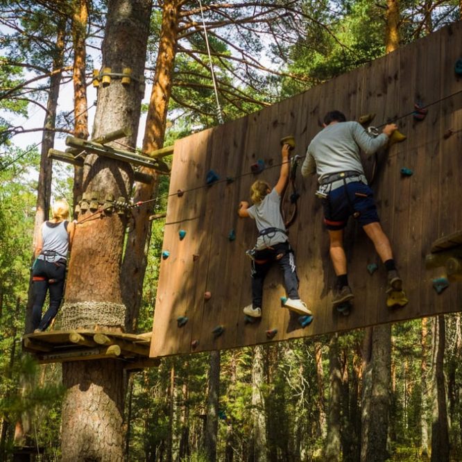 Family enjoying an outdoor climbing adventure in Cercedilla, Madrid amidst lush greenery.